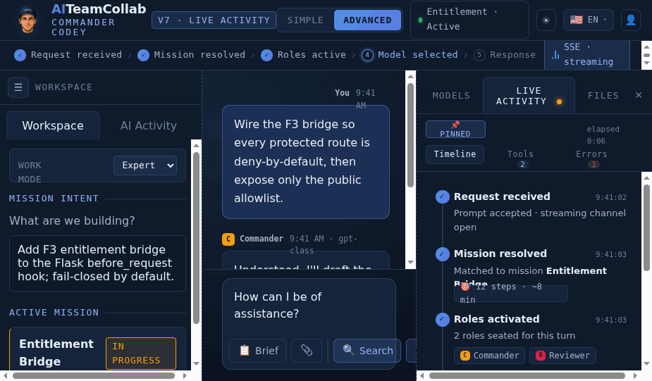 Live activity trace showing role-to-role review
